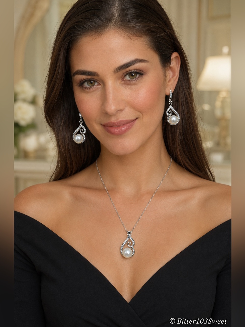 Silver-Tone Pearl & Rhinestone Necklace & Earrings Set